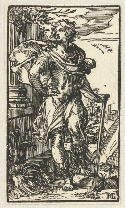 Jongeman met wandelstok door Hendrick Goltzius