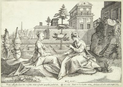 Juno vermomd als Beroë waarschuwt Semele door Hendrick Goltzius