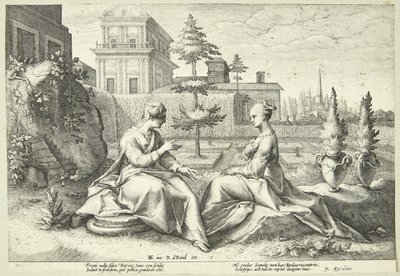 Juno vermomd als Beroë waarschuwt Semele door Hendrick Goltzius