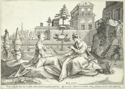 Juno vermomd als Beroë waarschuwt Semele door Hendrick Goltzius