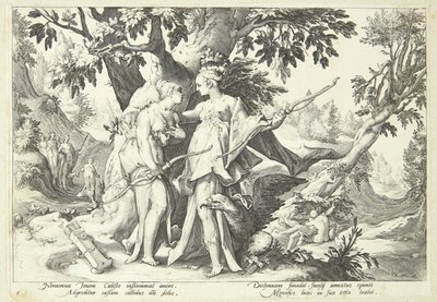 Jupiter vermomd als Diana verleidt Kallisto door Hendrick Goltzius