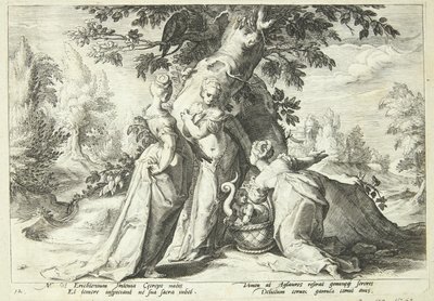 De dochters van Kekrops openen de mand die hen door Minerva is toevertrouwd door Hendrick Goltzius