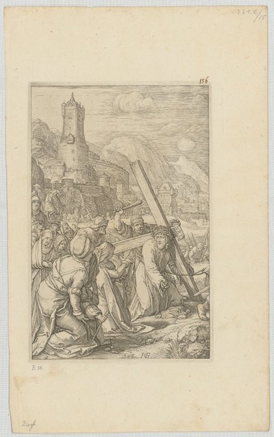 Het dragen van het kruis, blad 9 uit de serie „De Passie“ door Hendrick Goltzius