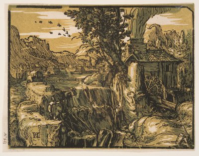 Landschap met waterval door Hendrick Goltzius
