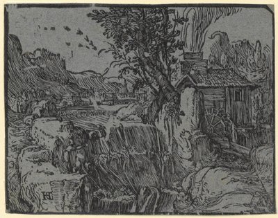 Landschap met waterval en molen, blad 1 uit de reeks "Vier kleine landschappen" door Hendrick Goltzius