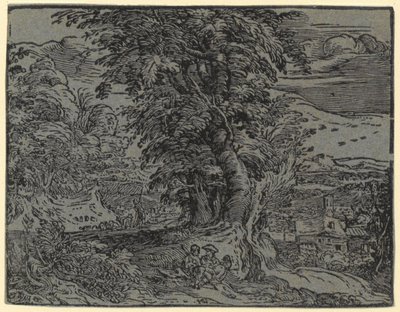 Landschap met zittend paar en herder, blad 2 uit de reeks "Vier kleine landschappen" door Hendrick Goltzius