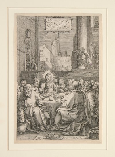 Laatste Avondmaal, uit De Passie, nr.1 in een serie van 12 gravures door Hendrick Goltzius