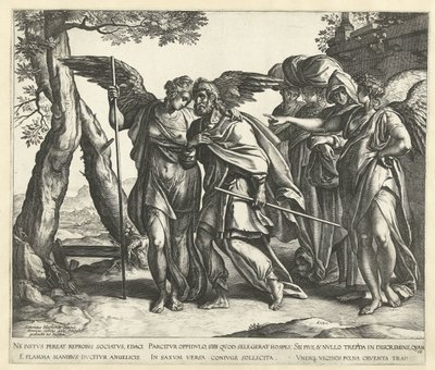 Lot ontvlucht Sodom met zijn vrouw en dochters door Hendrick Goltzius