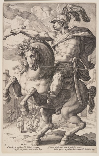 Marcus Curtius te paard, uit De Romeinse Helden door Hendrick Goltzius