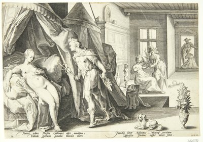 Mercurius betreedt de kamer van Herse nadat hij Agraulos in steen heeft veranderd door Hendrick Goltzius