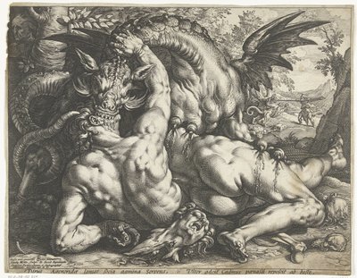 Metgezellen van Cadmus door een draak verslonden door Hendrick Goltzius