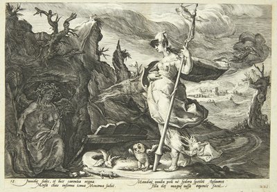 Minerva beveelt afgunst om het hart van Agraulos met jaloezie te vullen door Hendrick Goltzius