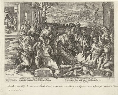 Paulus wordt in Malta gebeten door een adder door Hendrick Goltzius