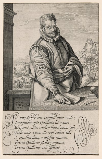 Philips Galle (1537-1612), leerling van Coornhert uit Haarlem, graveur en uitgever in Antwerpen vanaf 1570; De doop van de eunuch op de achtergrond links door Hendrick Goltzius