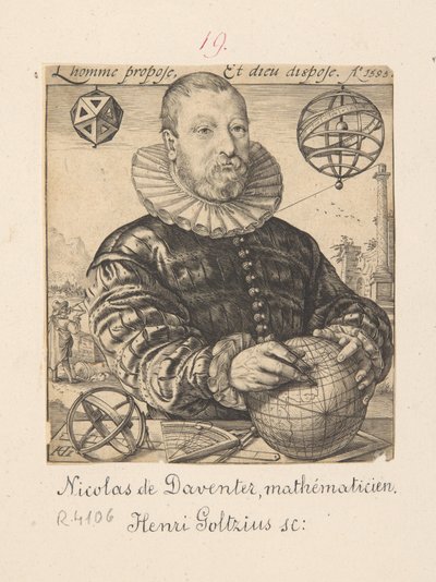 Portret van Nicolaus Petri Daventriensis, eigenlijk Claes Pietersz van Deventer, circa 1540-1602 - wiskundige en astronoom door Hendrick Goltzius