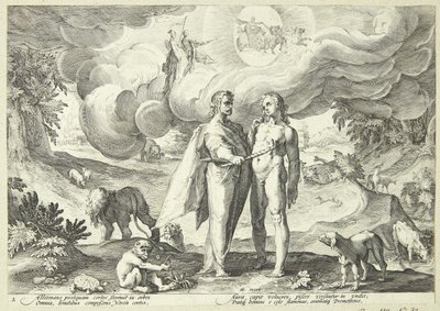 Prometheus creëert de mens en geeft het leven met vuur uit de hemel door Hendrick Goltzius