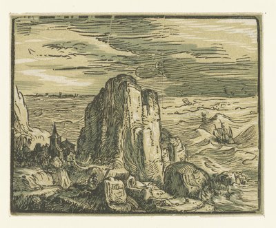 Rots aan een kust Vier kleine landschappen (serietitel) door Hendrick Goltzius
