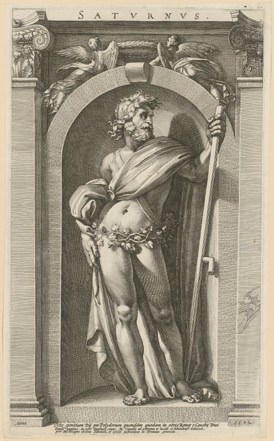 Saturnus, blad 1 uit de serie "Acht antieke godheden" door Hendrick Goltzius