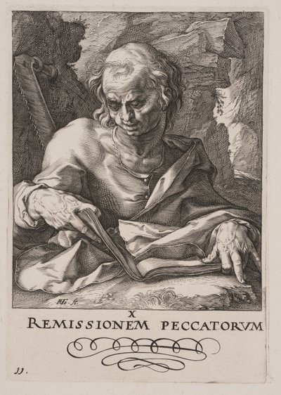 Simon, van Christus, de apostelen en Paulus met de geloofsbelijdenis door Hendrick Goltzius