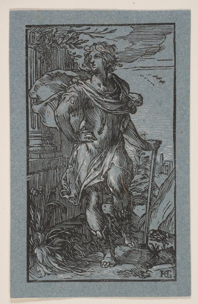Staande jonge man met stok door Hendrick Goltzius