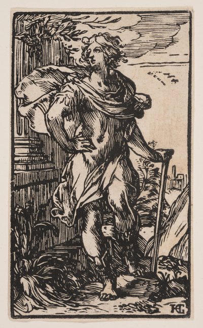 Staande jonge man met stok door Hendrick Goltzius