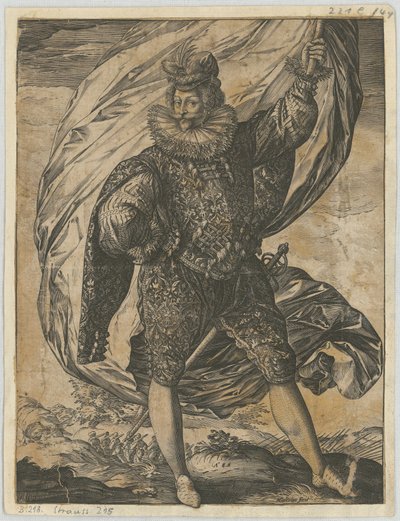 Staande vaandeldrager, met het hoofd naar links gekeerd door Hendrick Goltzius