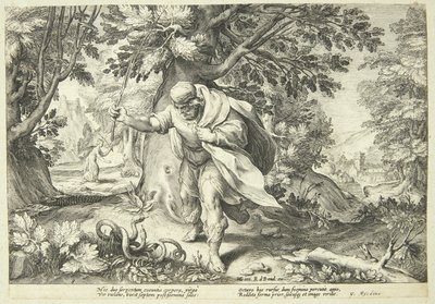 Teiresias slaat twee parende slangen met zijn stok door Hendrick Goltzius