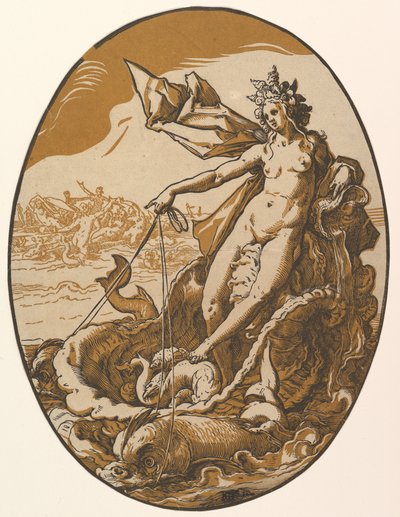 Tethys liggend in een reusachtige schelpenwagen getrokken door twee zeedieren, uit „De godheden“ door Hendrick Goltzius