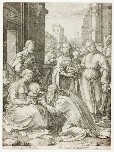 De Aanbidding der Wijzen, plaat vijf uit De Geboorte en Vroege Leven van Christus door Hendrick Goltzius