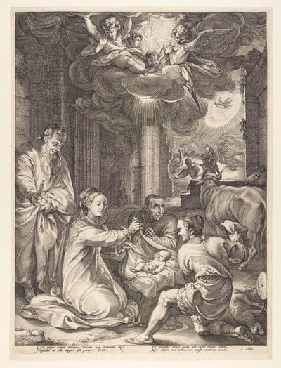 De aanbidding van de herders, uit De geboorte en het vroege leven van Christus door Hendrick Goltzius