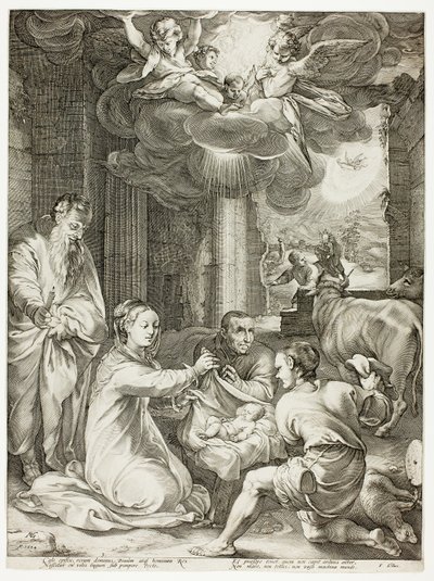 De aanbidding van de herders, plaat drie uit De geboorte en vroege leven van Christus door Hendrick Goltzius