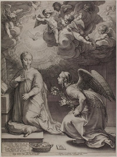 De annunciatie, plaat één uit De geboorte en vroege leven van Christus door Hendrick Goltzius