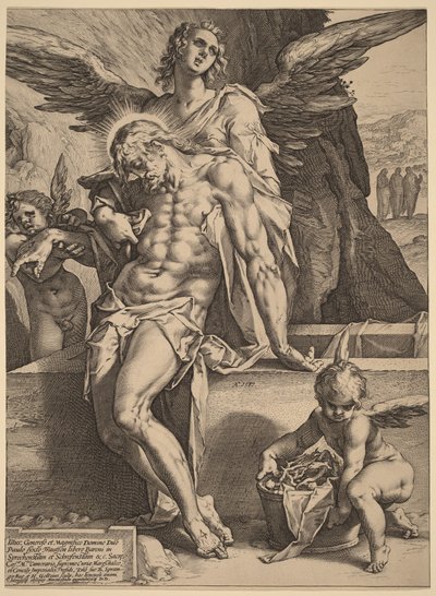 Het lichaam van Christus, ondersteund door engelen door Hendrick Goltzius