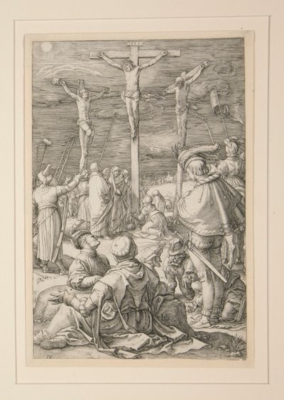 De kruisiging (Christus aan het kruis), uit De Passie, #10 in een serie van 12 gravures door Hendrick Goltzius