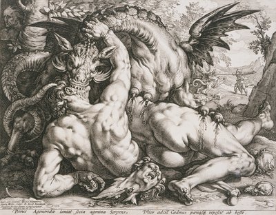 De draak die de metgezellen van Cadmus verslindt door Hendrick Goltzius