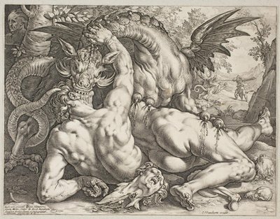 De draak die de metgezellen van Cadmus verslindt door Hendrick Goltzius