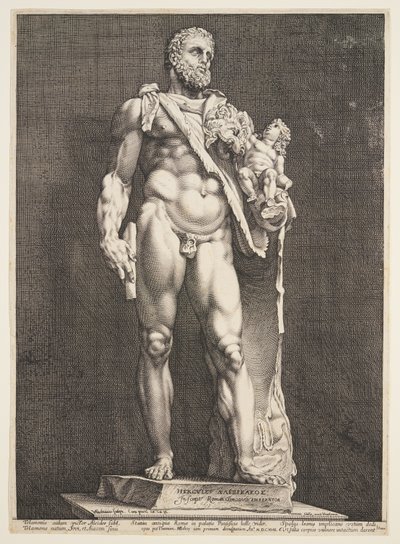 Keizer Commodus als Hercules, van drie beroemde antieke beelden in Rome door Hendrick Goltzius