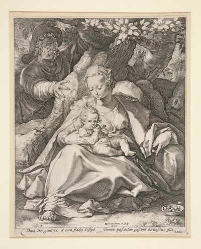 De Heilige Familie Onder de Kersenboom / Rust op de Vlucht naar Egypte Onder een Kersenboom door Hendrick Goltzius