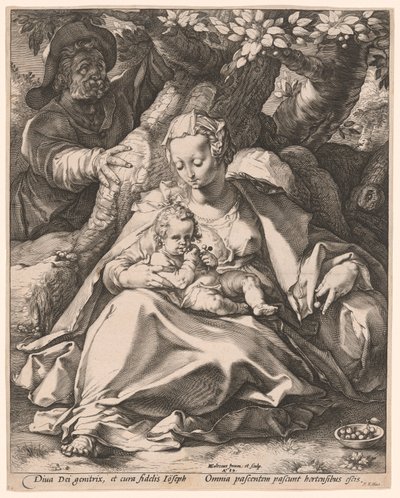 De Heilige Familie onder een Kersenboom door Hendrick Goltzius