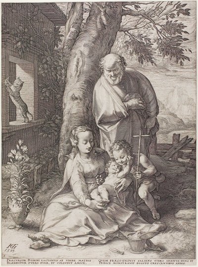 De Heilige Familie met de Jonge Johannes de Doper, plaat zes uit De Geboorte en Vroege Leven van Christus door Hendrick Goltzius
