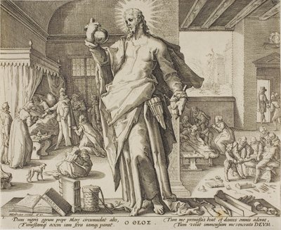 De arts beschouwd als God, plaat één uit Allegorieën van het Medische Beroep door Hendrick Goltzius