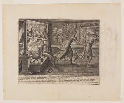 De slapeloze nacht van de rechtzoekende, uit Litis Abusus (De misbruiken van de wet) door Hendrick Goltzius