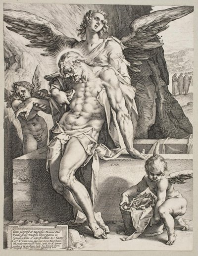 Het lichaam van Christus ondersteund door een engel door Hendrick Goltzius