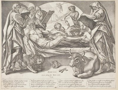 De dode Christus en de vier evangelisten door Hendrick Goltzius