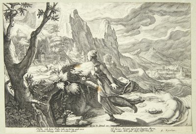 Thisbe bang voor de leeuw door Hendrick Goltzius