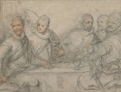 Vijf officieren, studie voor een schuttersmaaltijd door Hendrick Goltzius