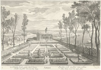 April, met een gezelschap in een tuin door Hendrick Hondius (I)