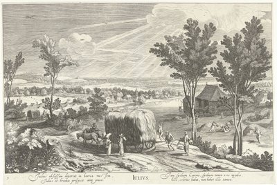 Juli, met boeren in een landschap door Hendrick Hondius (I)