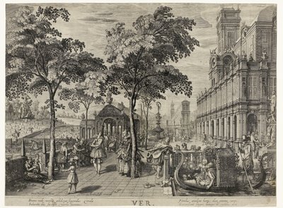 Lente, een gezelschap bij een kasteel door Hendrick Hondius (I)