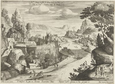 Tobias en de engel vangen de vis in de Tigris door Hendrick Hondius (I)